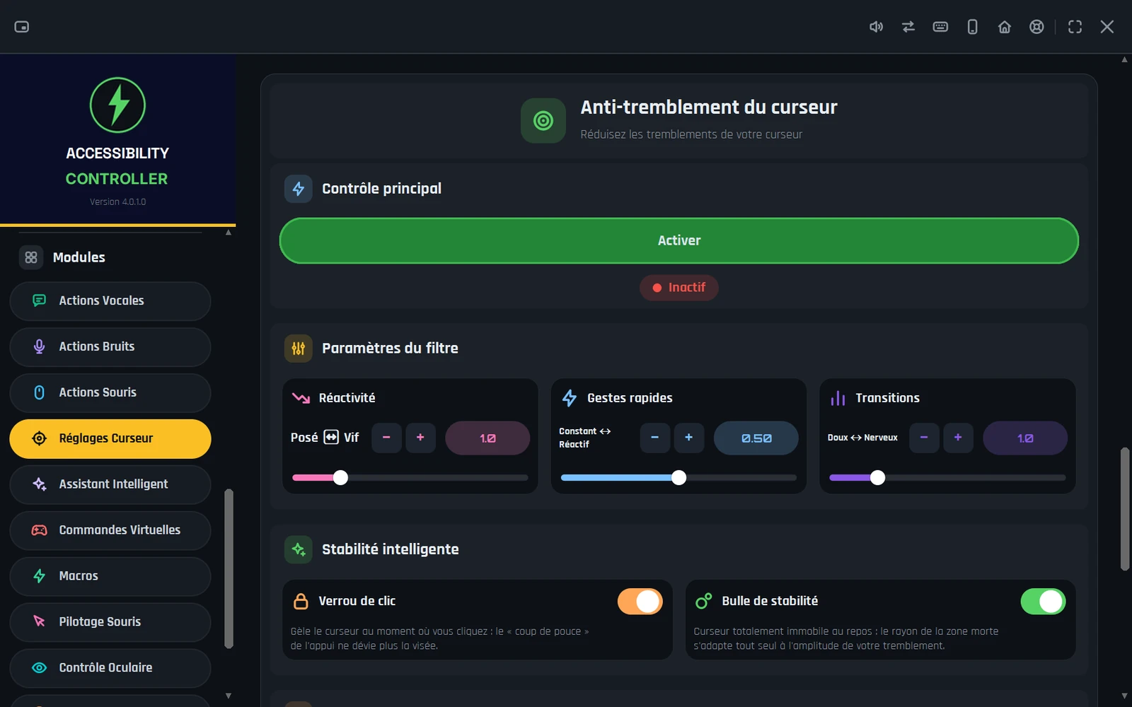 Accessibility Controller - Stabilisation intelligente de la souris pour réduire les tremblements