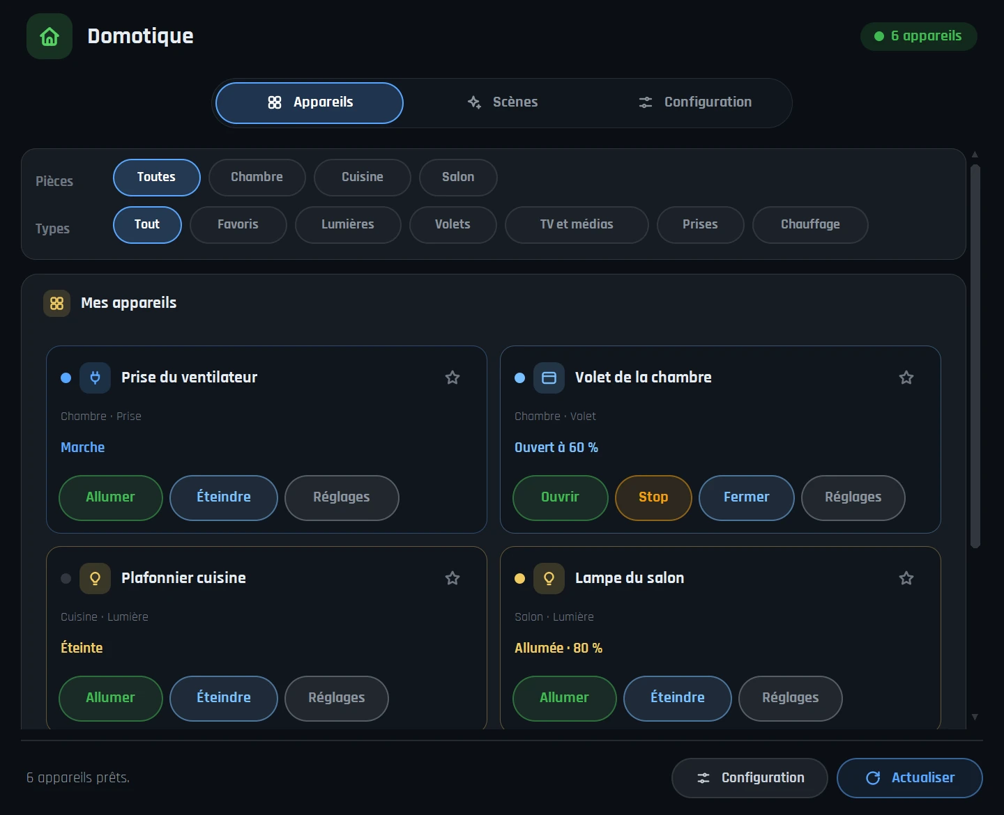 Accessibility Controller - fenêtre Domotique avec les cartes d'appareils connectés, lumières et téléviseur