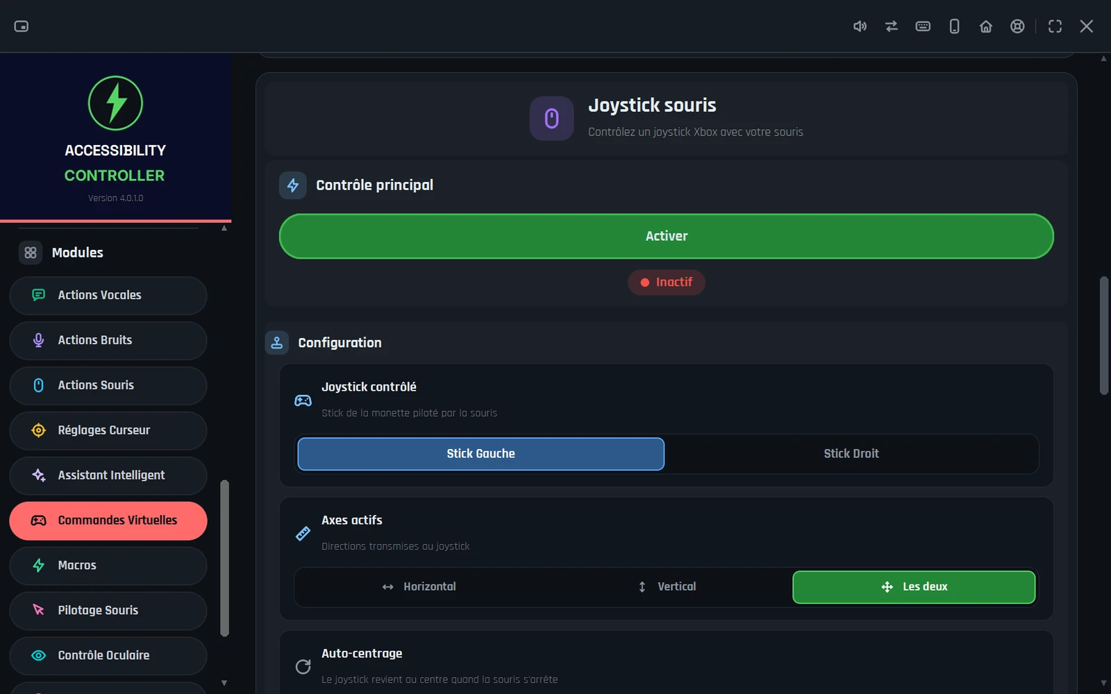 Accessibility Controller - Joystick souris pour transformer les mouvements en commandes analogiques