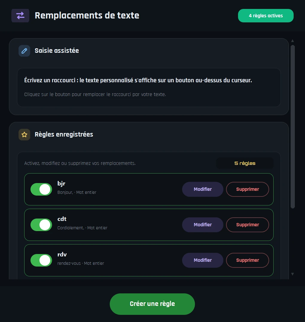 Accessibility Controller - fenêtre Remplacements de texte avec règles de saisie automatique