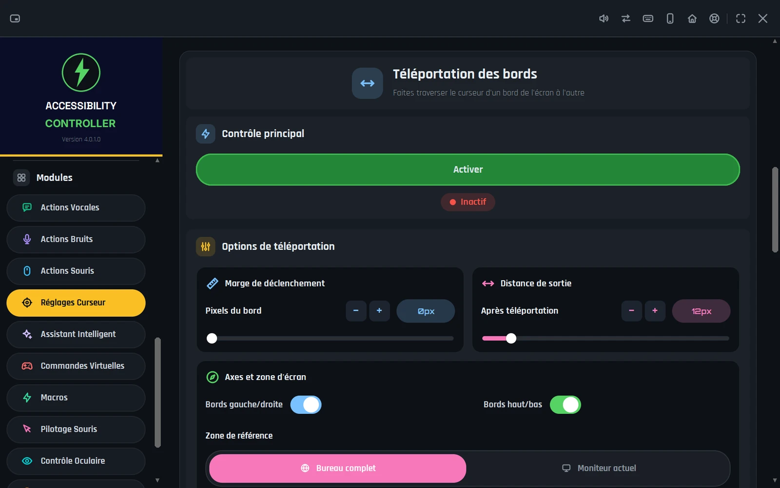 Accessibility Controller - téléportation du curseur entre les bords de l'écran